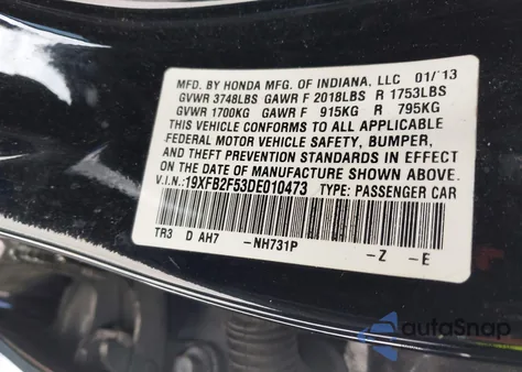 2013 Honda Civic Lx from USA, damaged, VIN 19XFB2F53DE010473